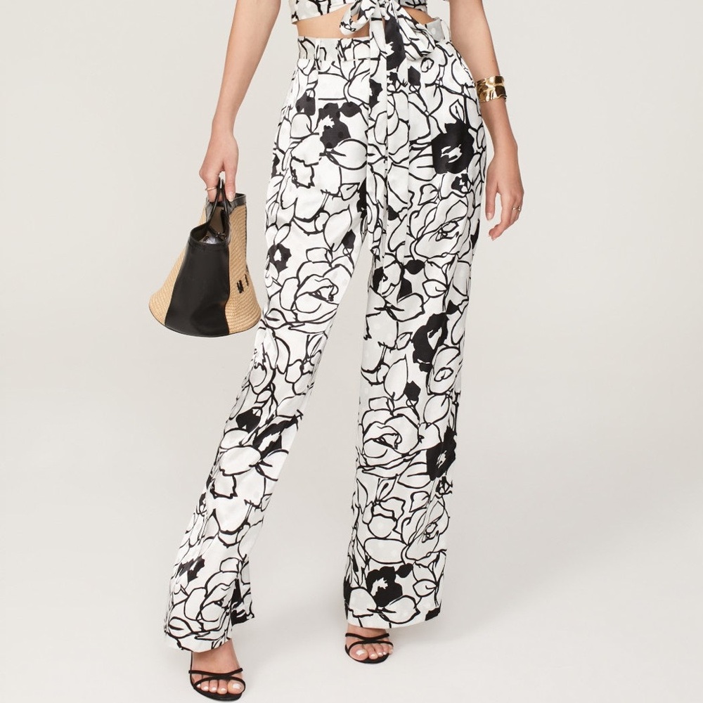Ronny Kobo x RTR Printed Trousers White Black‎ Floral High Waist Wide Leg size 6